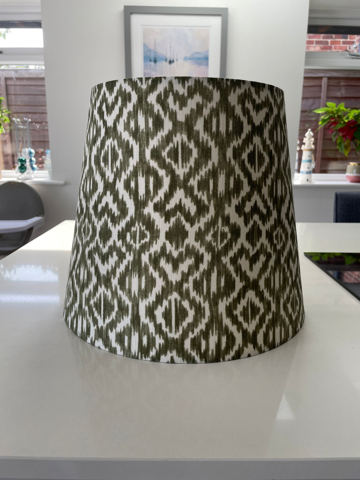 Handmade Empire or Candle Clip Lampshade in Olive Green Ikat pattern