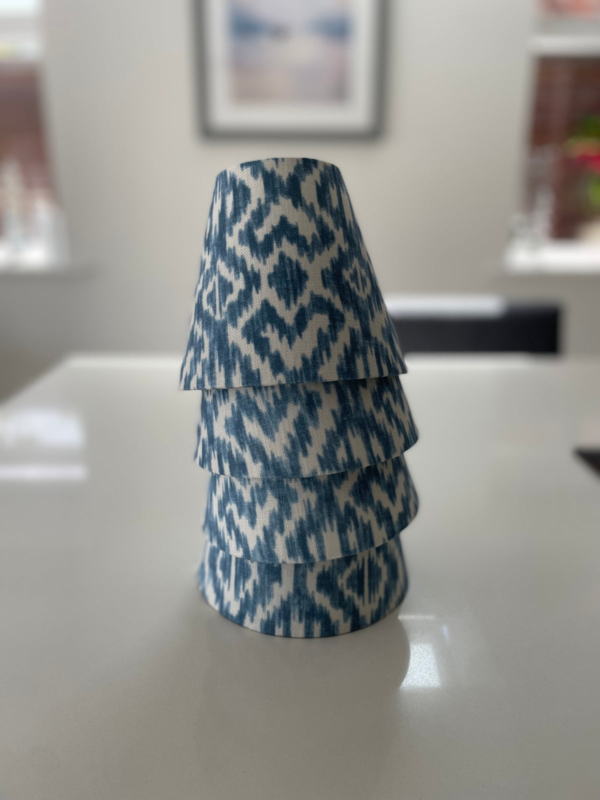 Handmade Empire or Candle Clip Lampshade in Chambray Blue Ikat pattern