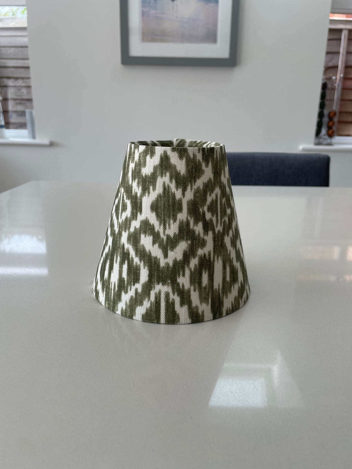 Handmade Empire or Candle Clip Lampshade in Olive Green Ikat pattern