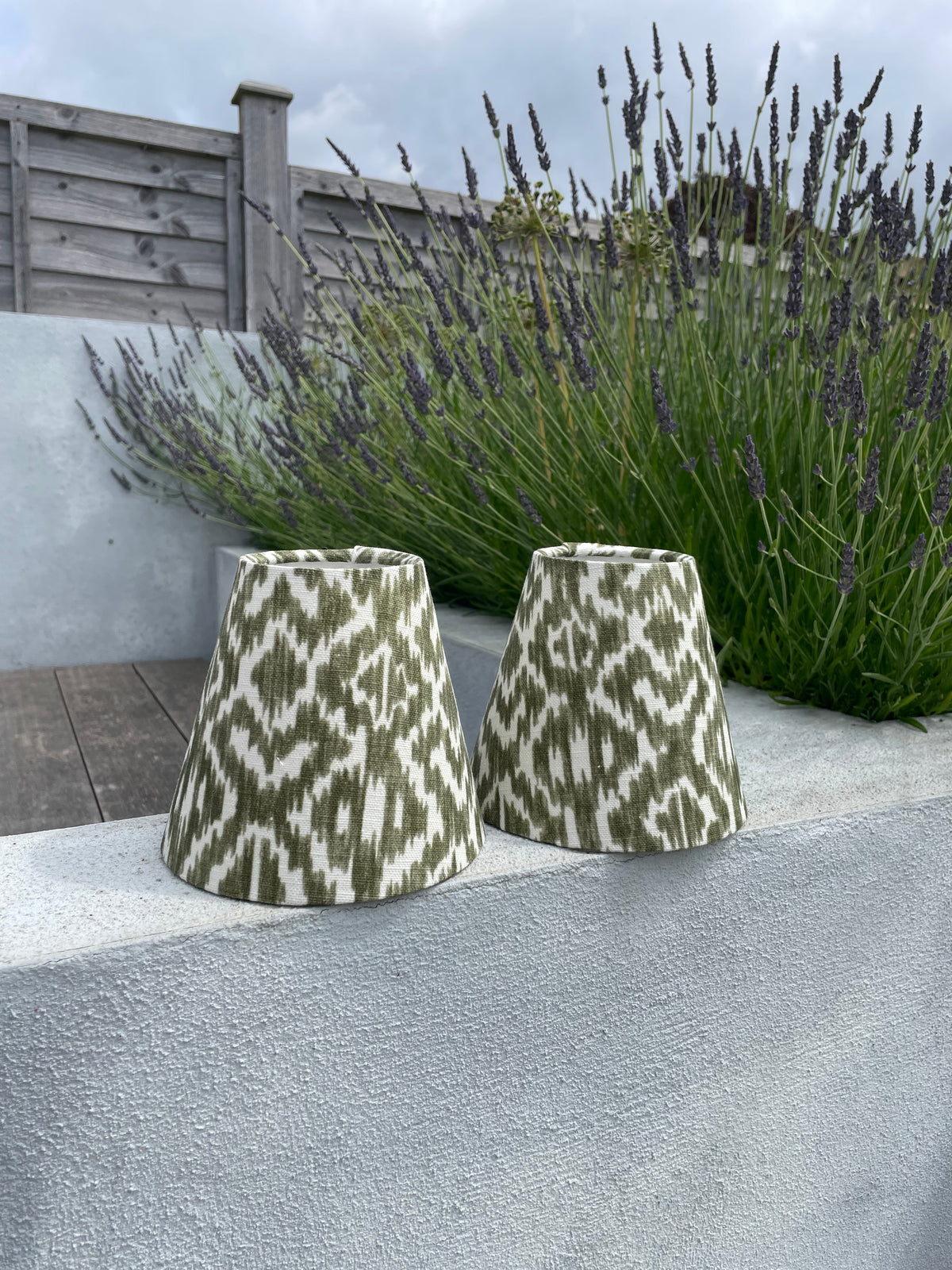 Handmade Empire or Candle Clip Lampshade in Olive Green Ikat pattern
