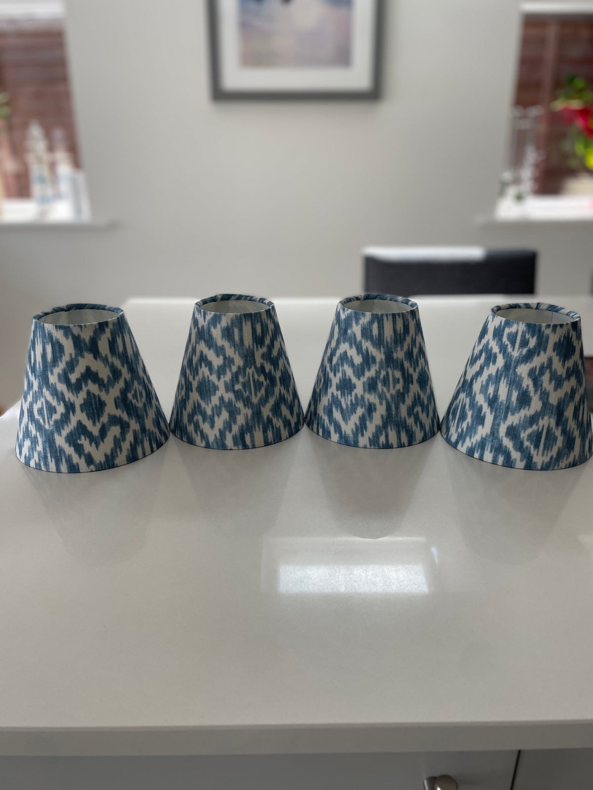 Handmade Empire or Candle Clip Lampshade in Chambray Blue Ikat pattern