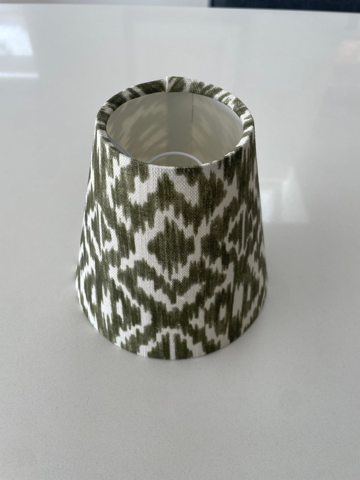 Handmade Empire or Candle Clip Lampshade in Olive Green Ikat pattern