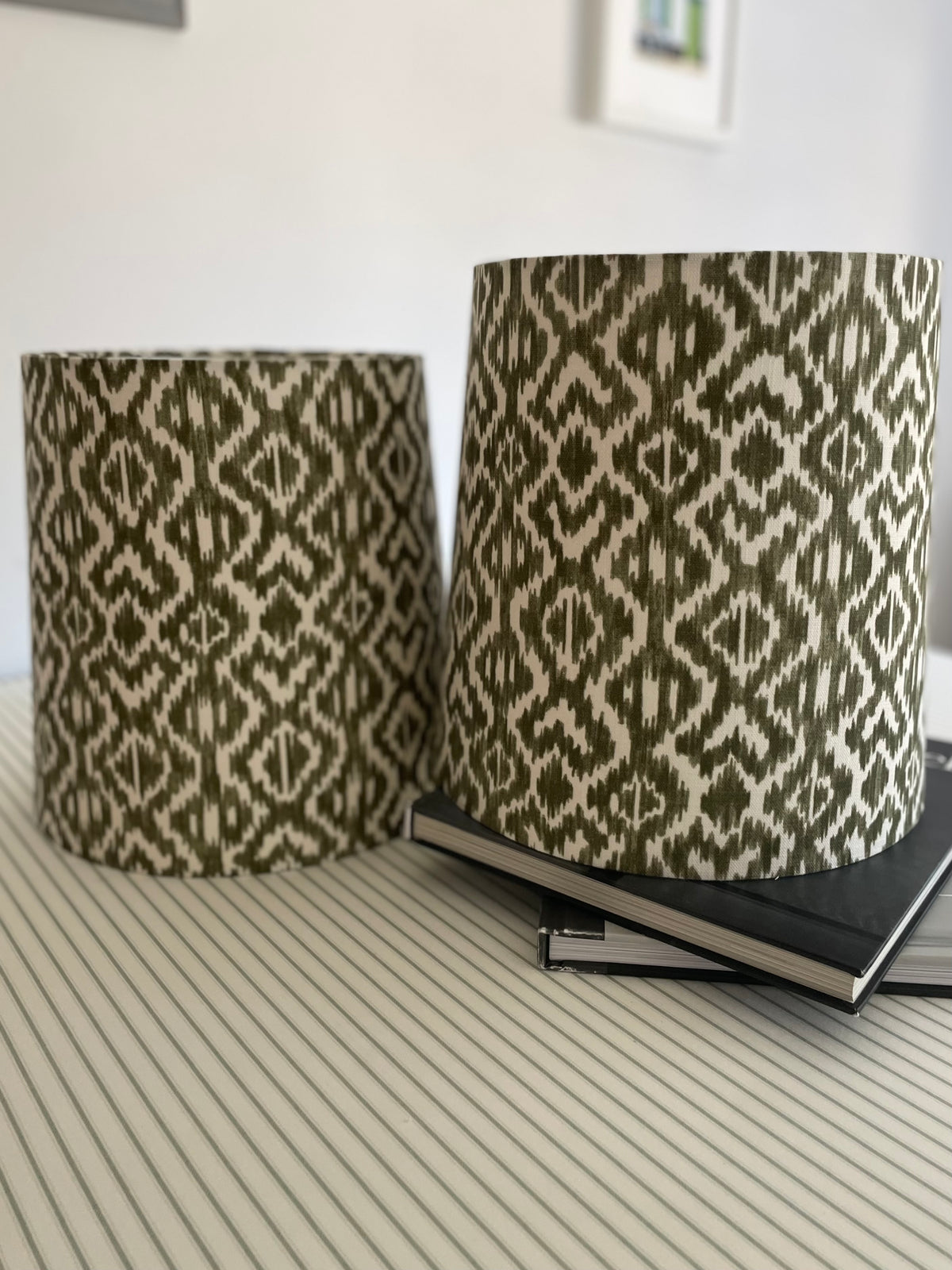 Handmade Empire or Candle Clip Lampshade in Olive Green Ikat pattern