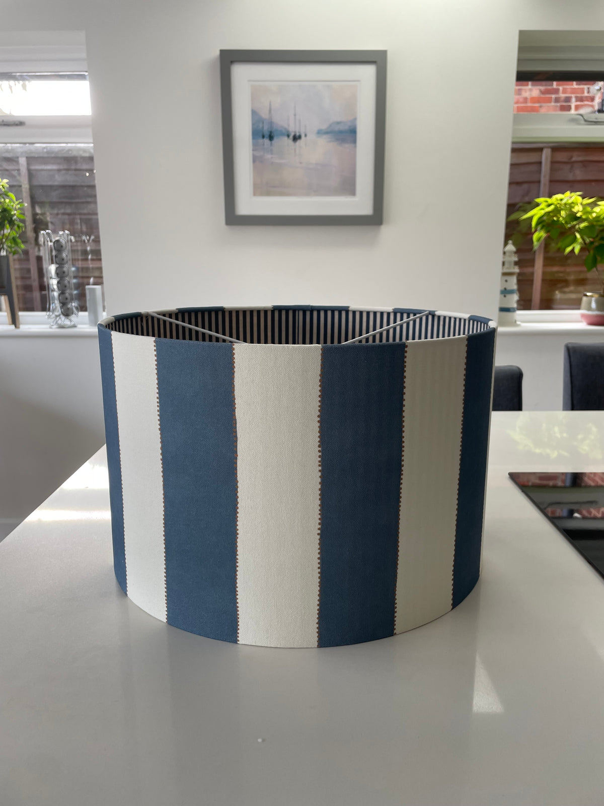 Navy Blue Striped doubled sided lined Drum Lampshade