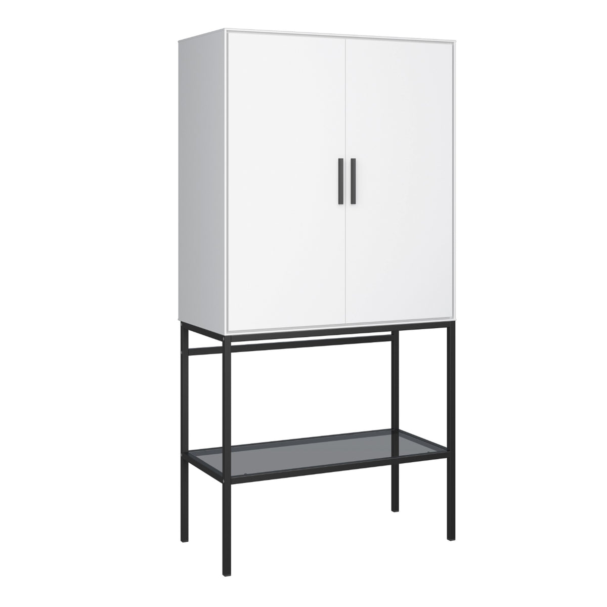 Slimline 2 Door Tall Cabinet in Pure White with Steel Black Legs