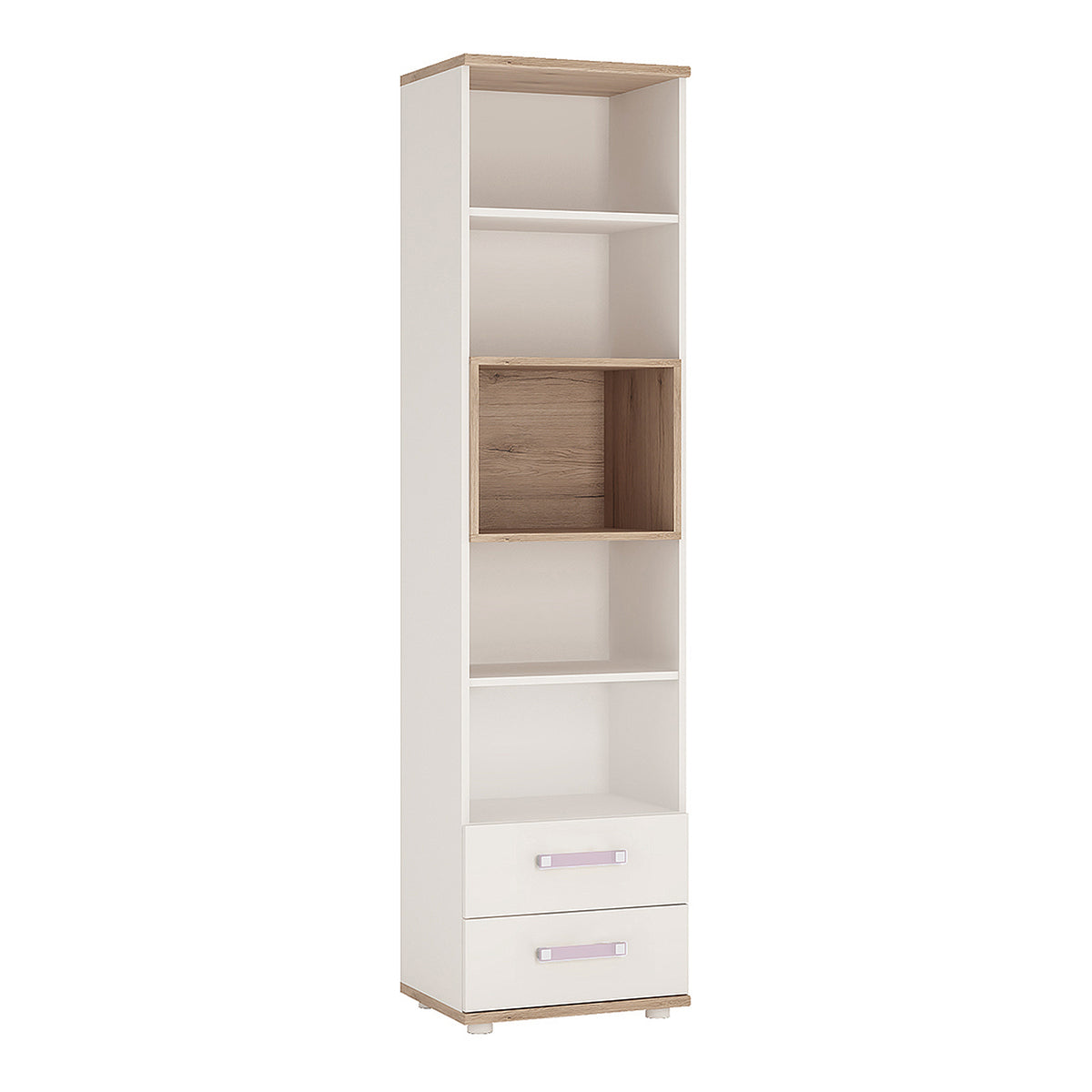 4Kids Tall 2 Drawer Bookcase in Light Oak and white High Gloss (lilac handles)