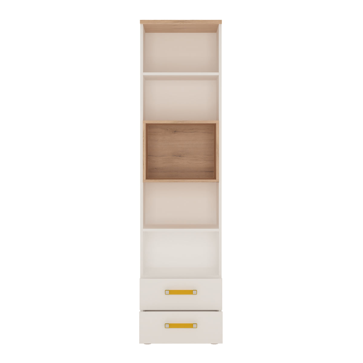 4Kids Tall 2 Drawer Bookcase in Light Oak and white High Gloss (orange handles)