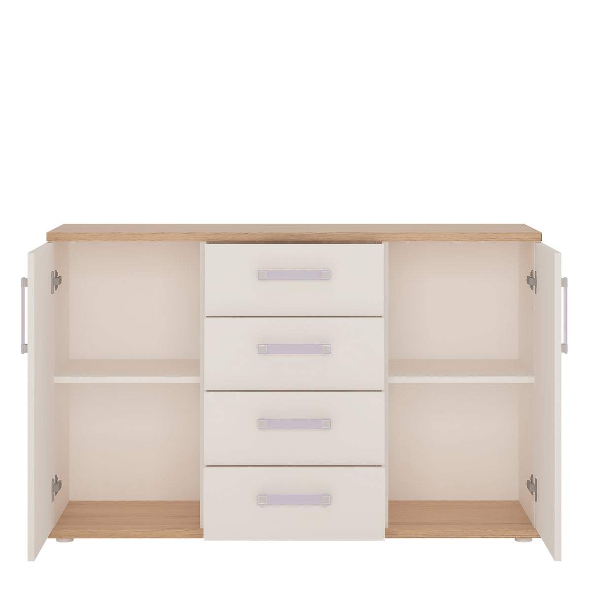 4Kids 2 Door 4 Drawer Sideboard in Light Oak and white High Gloss (lilac handles)