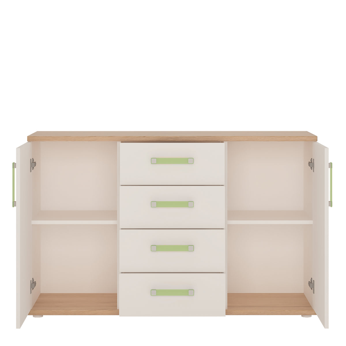 4Kids 2 Door 4 Drawer Sideboard in Light Oak and white High Gloss (lemon handles)