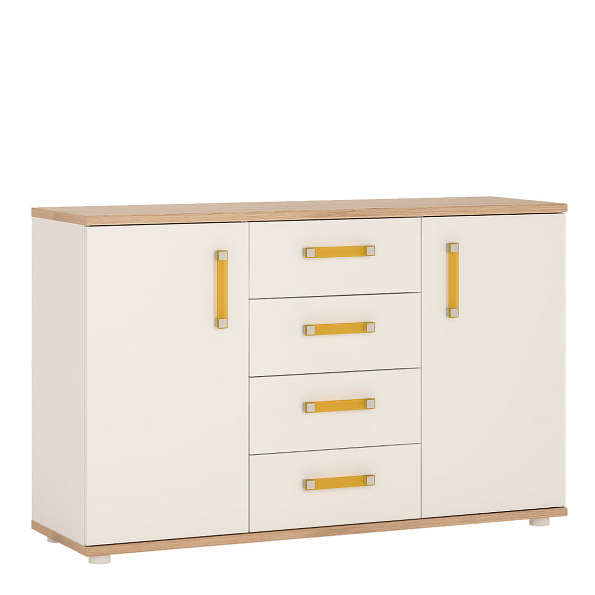 4Kids 2 Door 4 Drawer Sideboard in Light Oak and white High Gloss (orange handles)