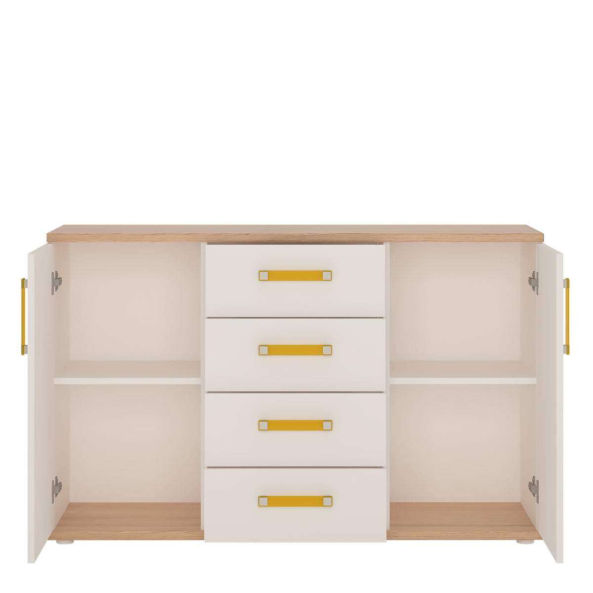 4Kids 2 Door 4 Drawer Sideboard in Light Oak and white High Gloss (orange handles)