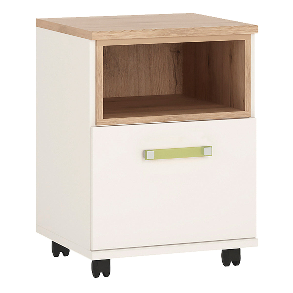 4Kids 1 Door Desk Mobile in Light Oak and white High Gloss (lemon handles)