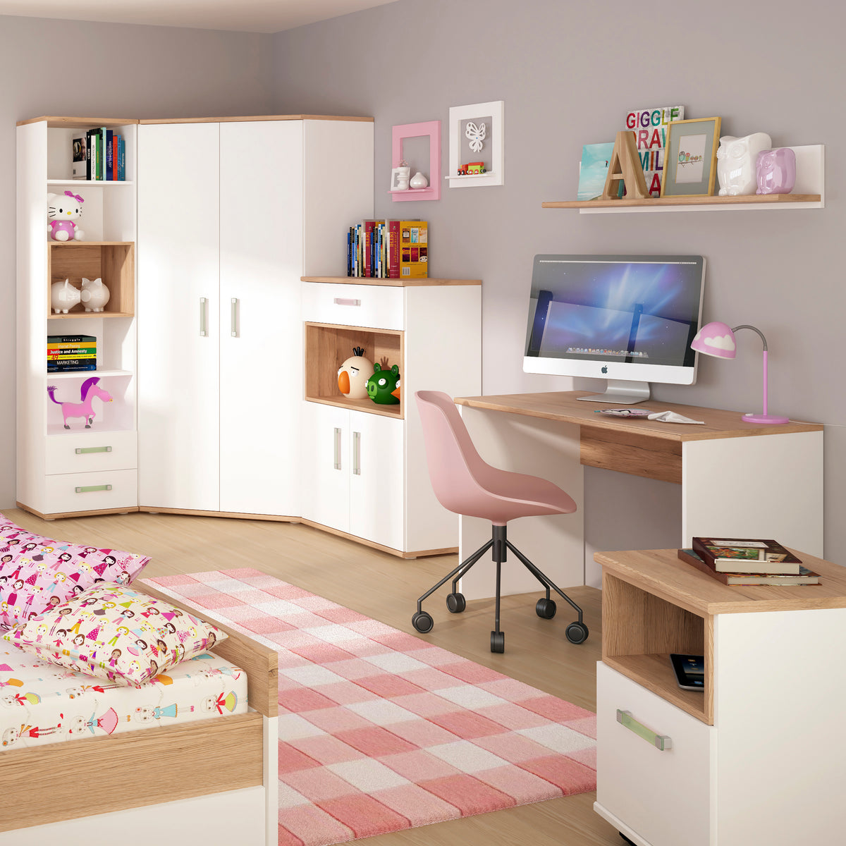 4Kids 1 Door Desk Mobile in Light Oak and white High Gloss (lemon handles)