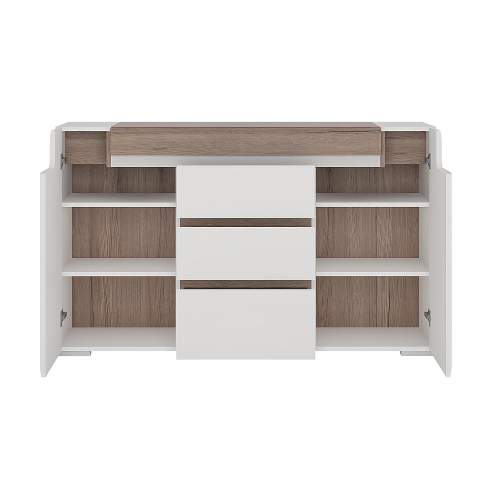 Toronto 2 Door 3 Drawer Sideboard (inc. Plexi Lighting) In White and Oak