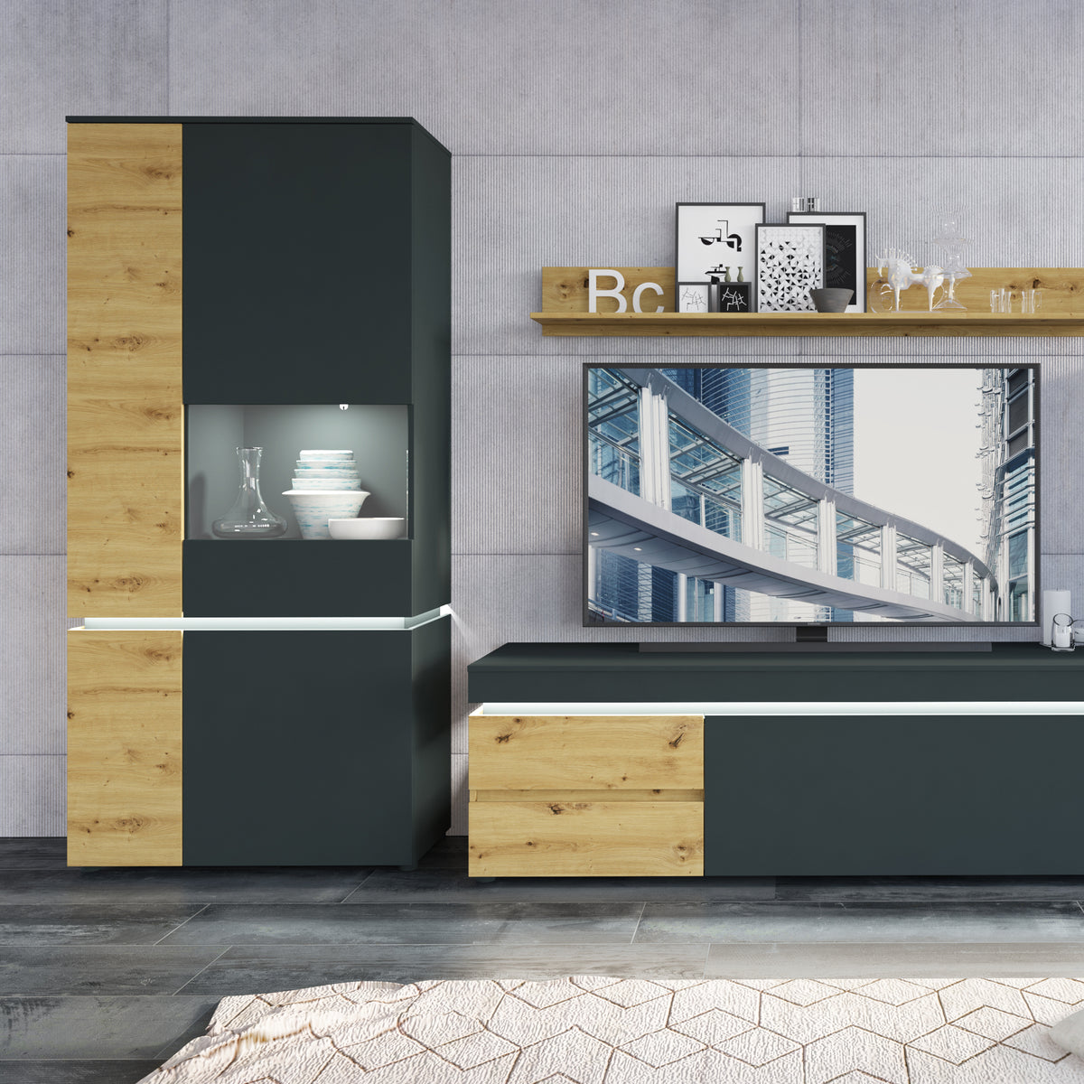 Luci 1 door 2 drawer 180 cm wide TV unit (including LED lighting) in Platinum and Oak