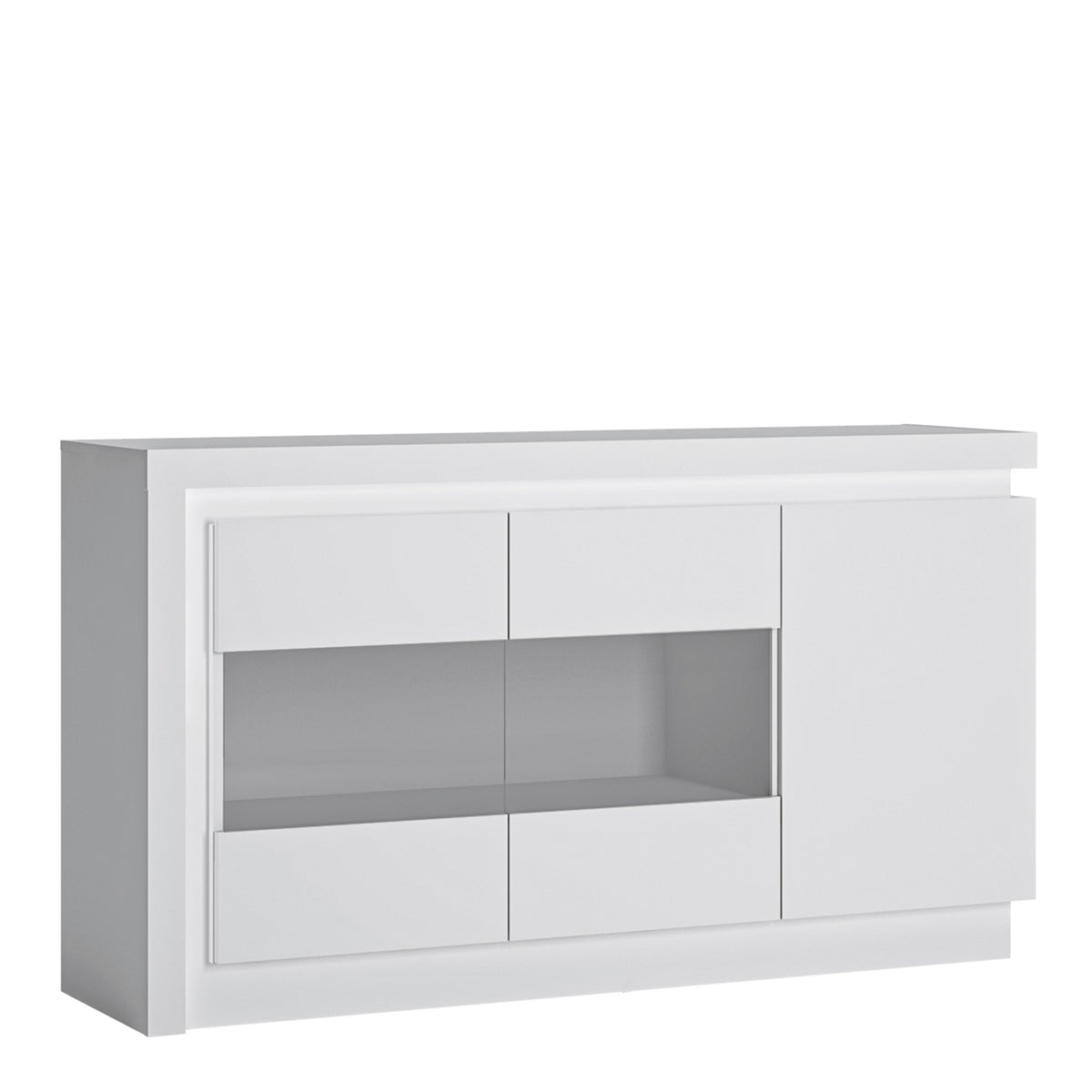 Lyon 3 door glazed sideboard (including LED lighting) in White and High Gloss