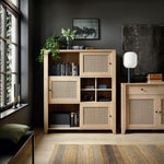 Cestino 3 Door 3 Drawer Sideboard in Jackson Hickory Oak and Rattan Effects