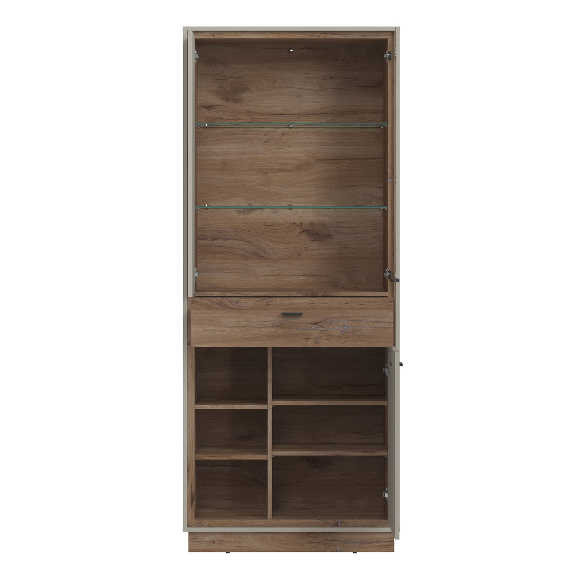 Rivero 3 Door 1 Drawer Open Shelves Wide Display Cabinet in Grey and Oak