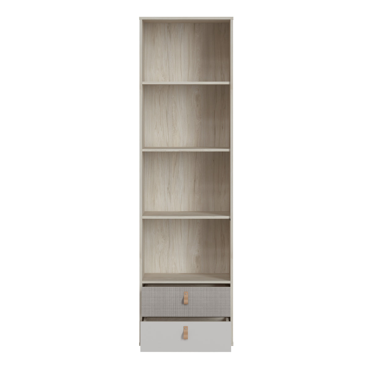 Denim 2 Drawer Bookcase in Light Walnut, Grey Fabric Effect and Cashmere