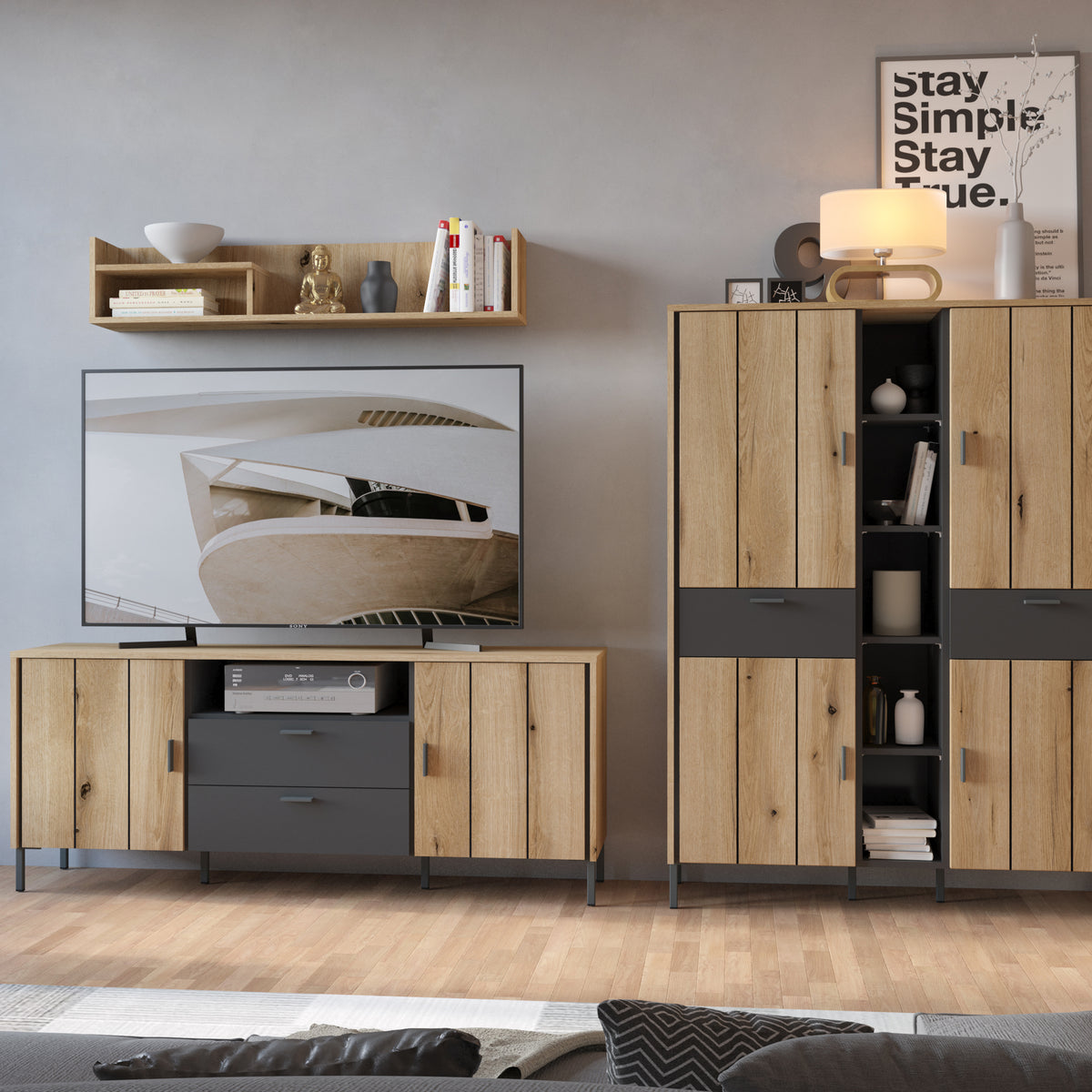 Arundel TV Cabinet 2 Door 2 Drawer 173cm Wide in Oak/Grey