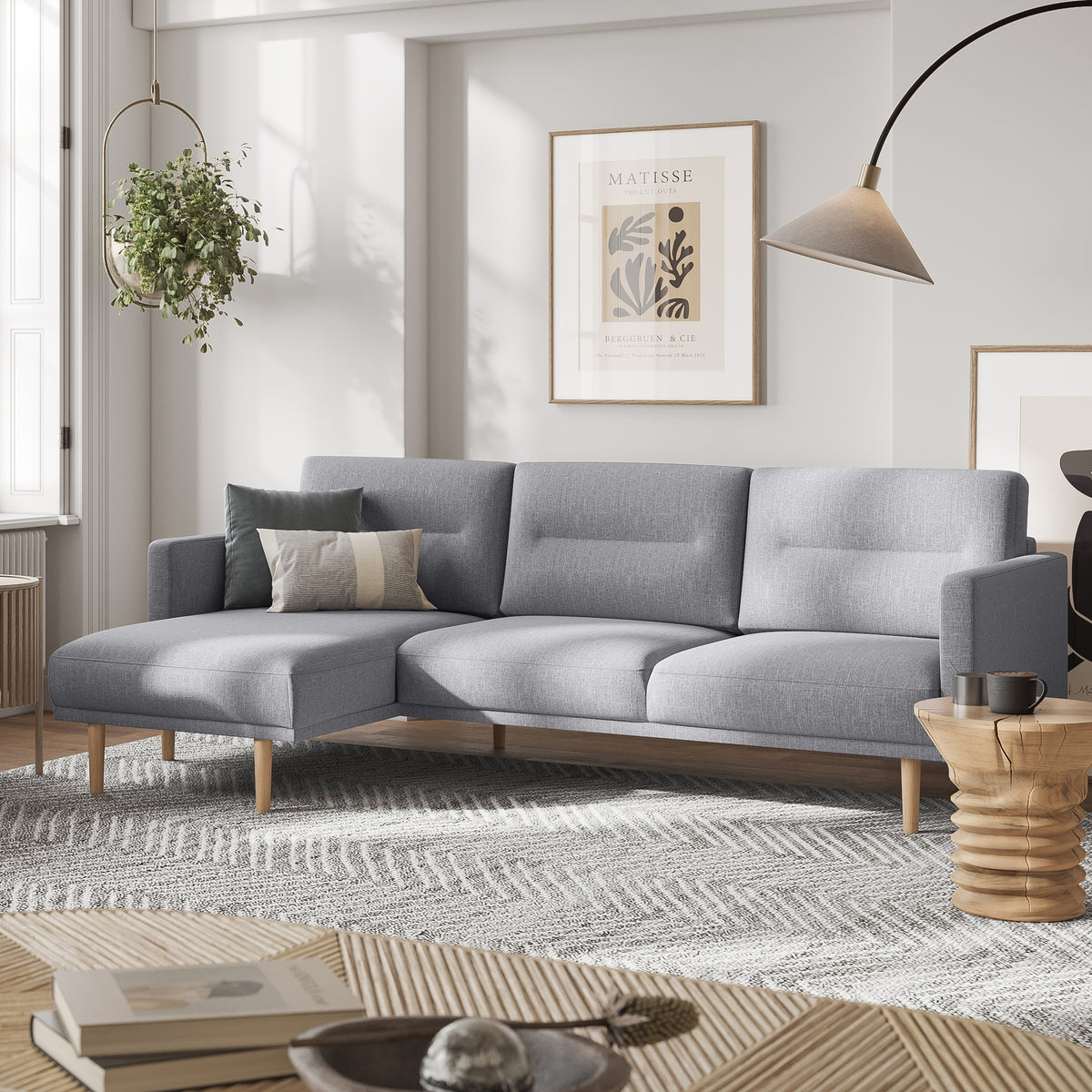 Larvik Chaiselongue Sofa(LH) - Grey, Oak Legs