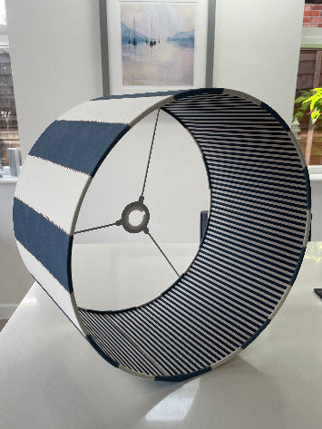 Drum lampshade, double sided in navy blue stripes