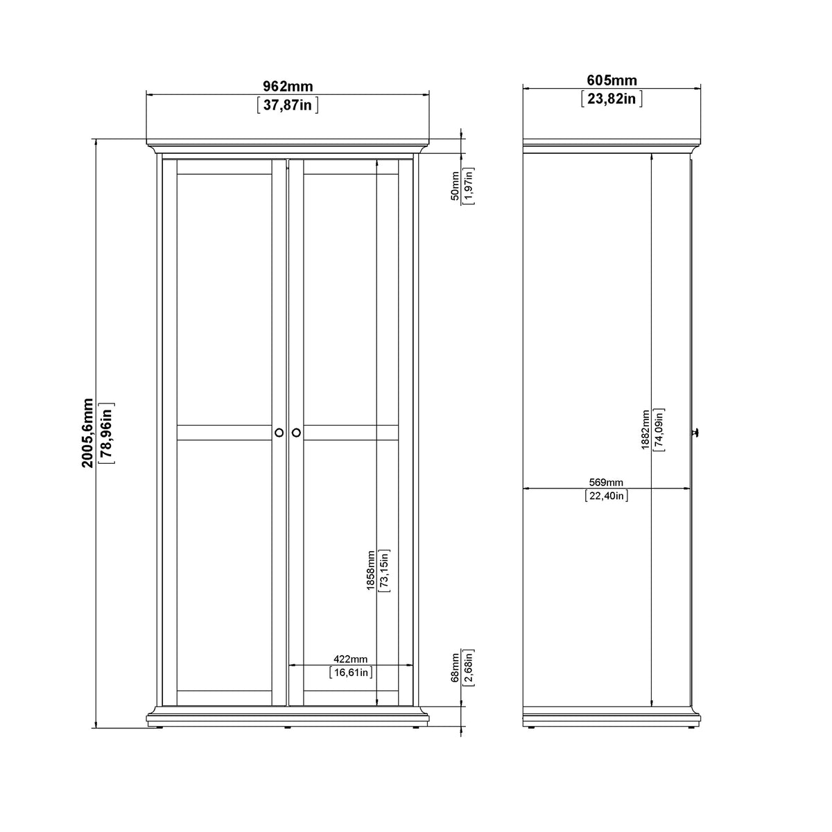 Paris 3 Piece Bundle, Bedside, Chest and 2 Door Wardrobe in White