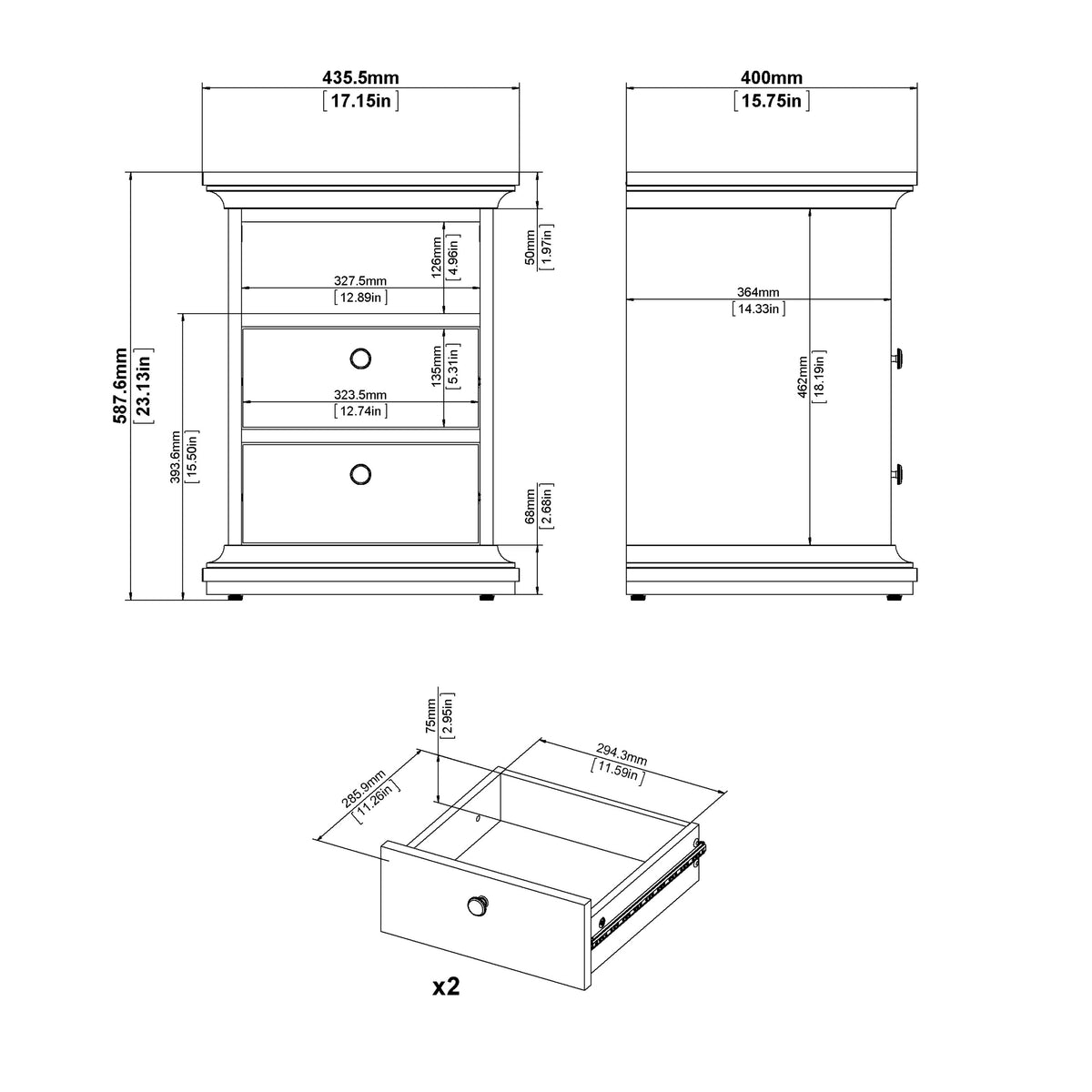 Paris 3 Piece Bundle, Bedside, Chest and 2 Door Wardrobe in White