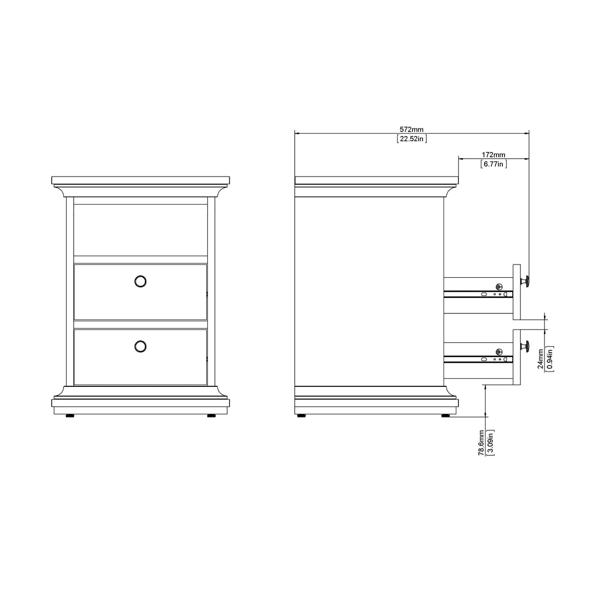 Paris Bedside 2 Drawers in White