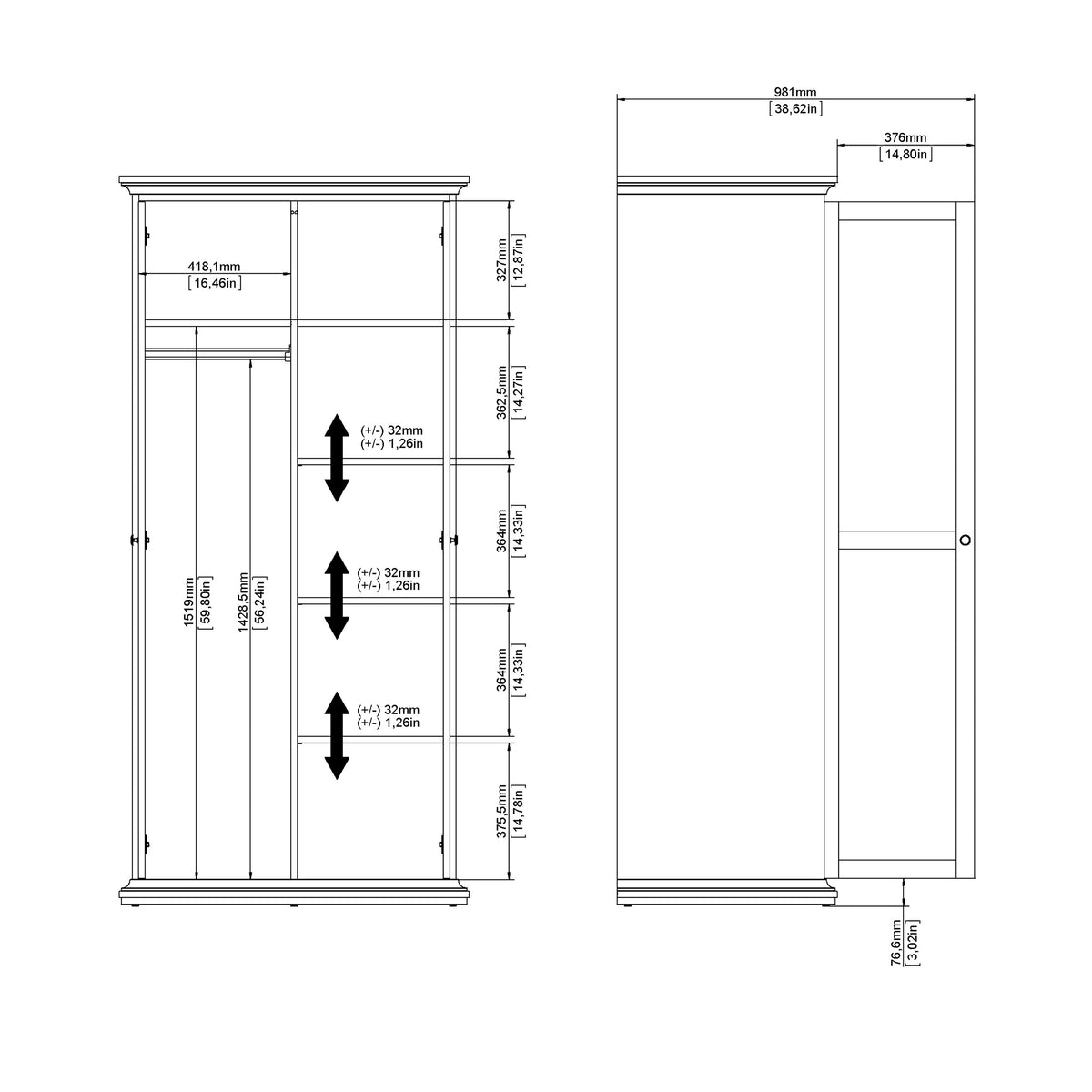 Paris Wardrobe with 2 Doors in White