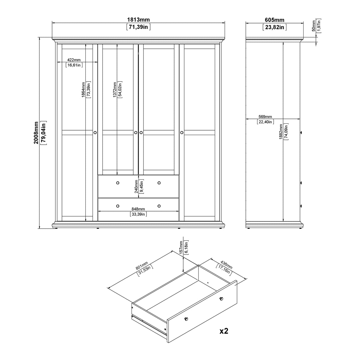 Paris Wardrobe with 4 Doors and 2 Drawers in Matt Grey