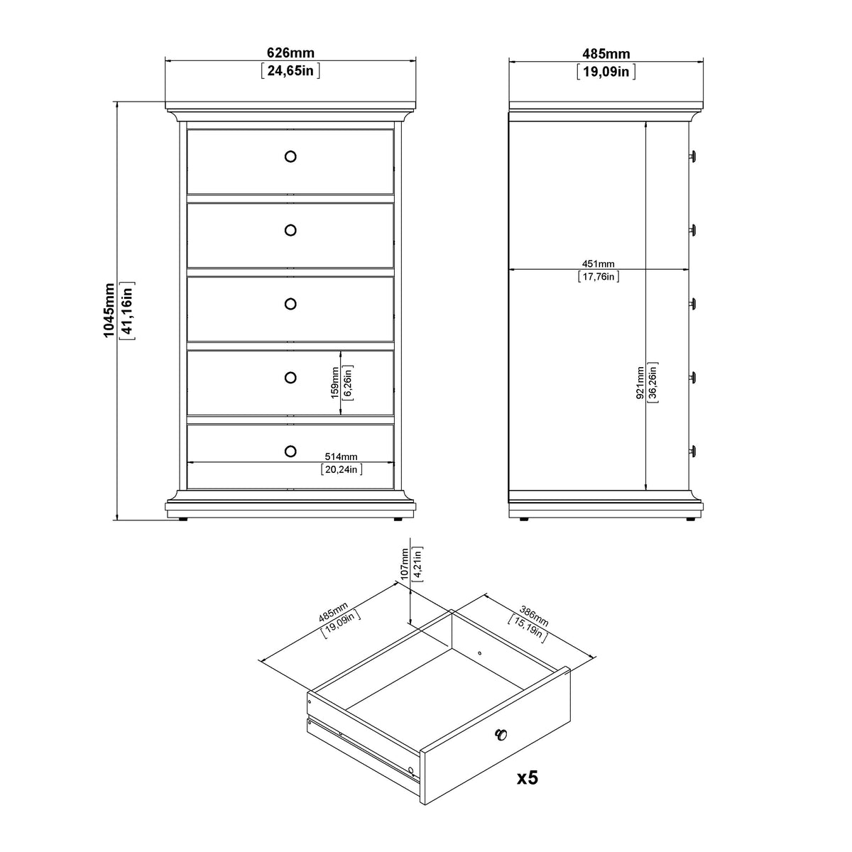 Paris Chest 5 drawers in Matt Grey