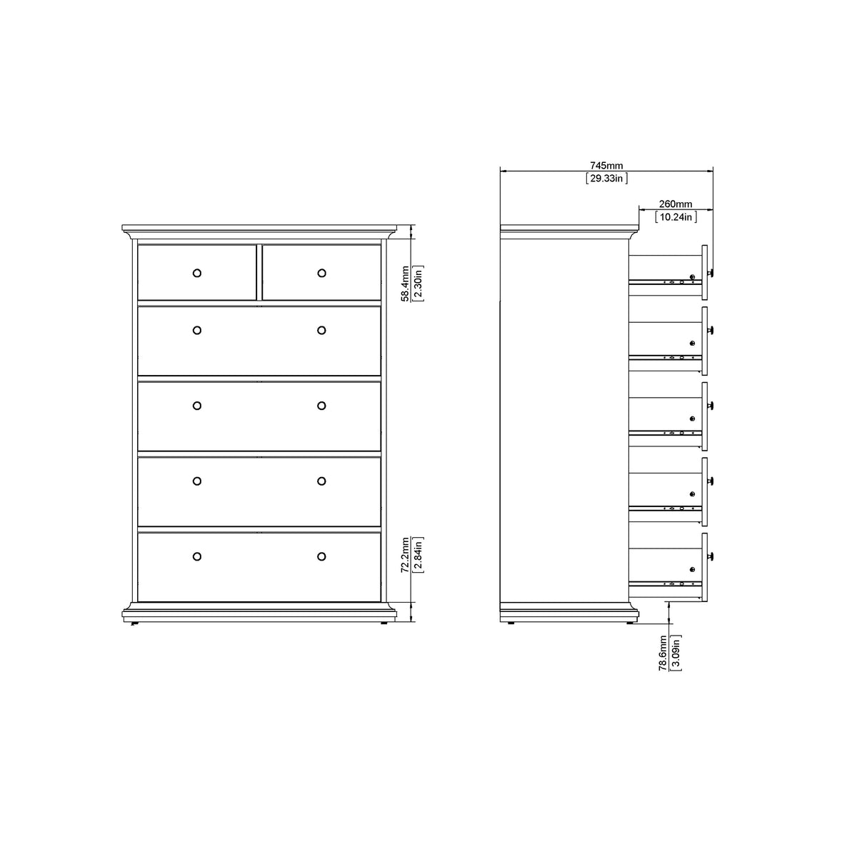 Paris Chest of 6 Drawers in White