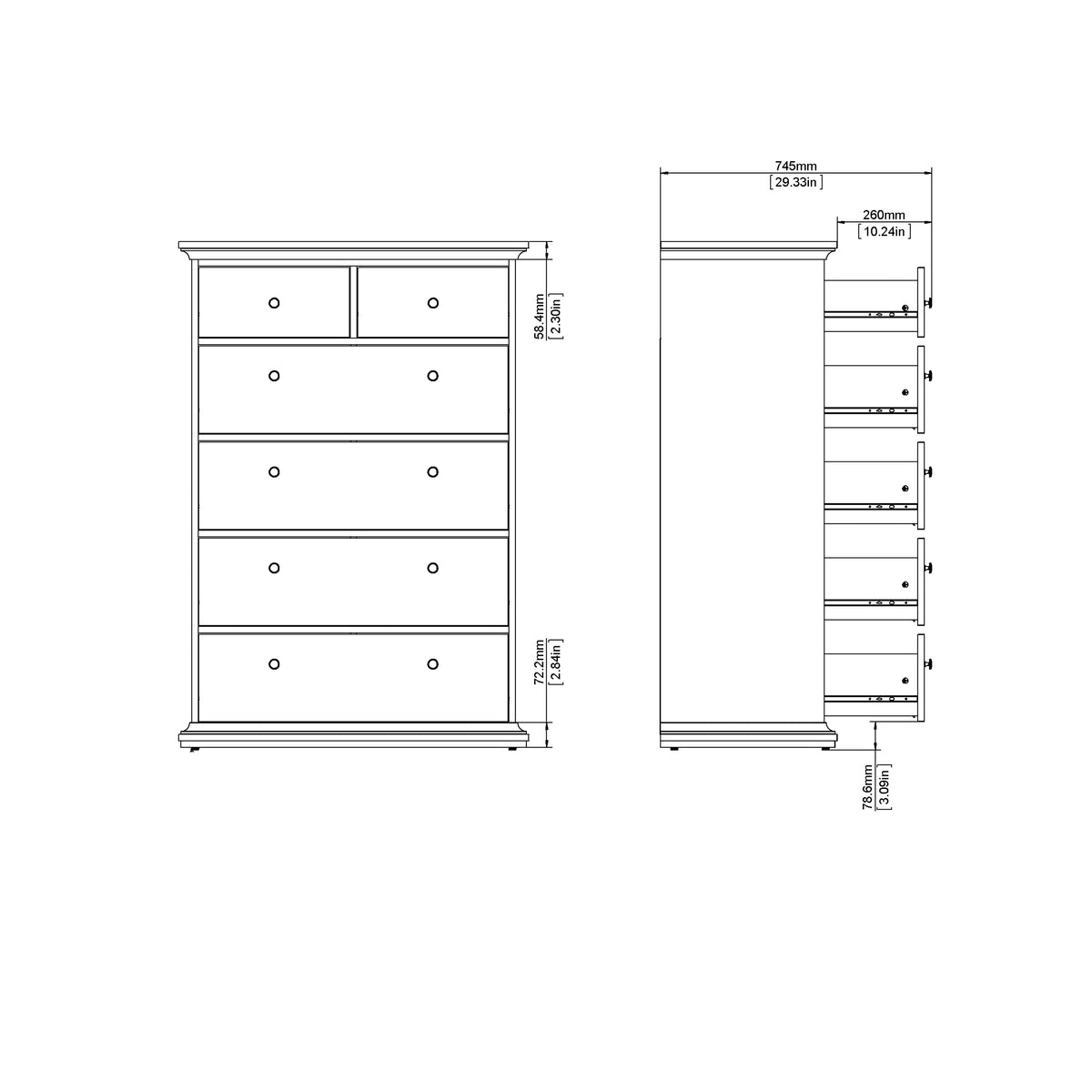 Paris Chest of 6 Drawers in Matt Grey