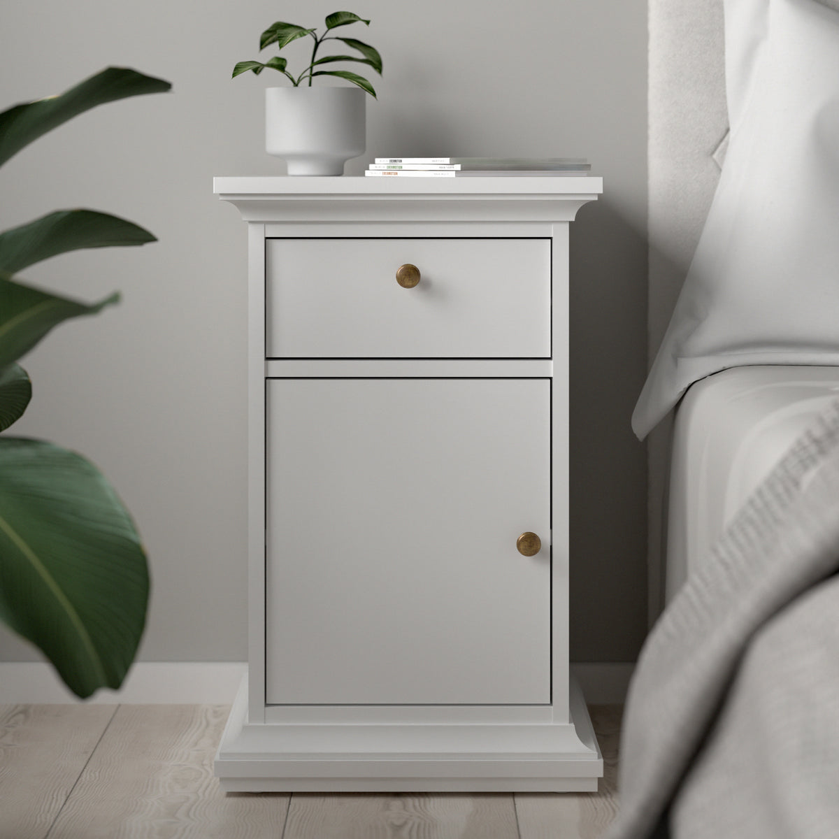 Paris Nightstand 1 Door + 1 Drawer in White