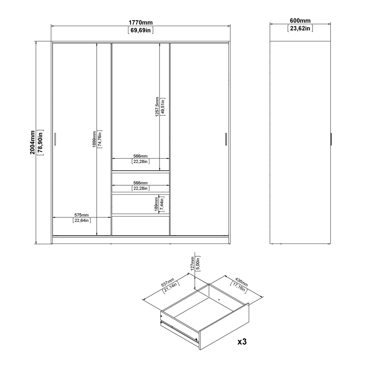 Naia Wardrobe with 2 sliding doors + 1 door + 3 drawers in Oak structure Jackson Hickory