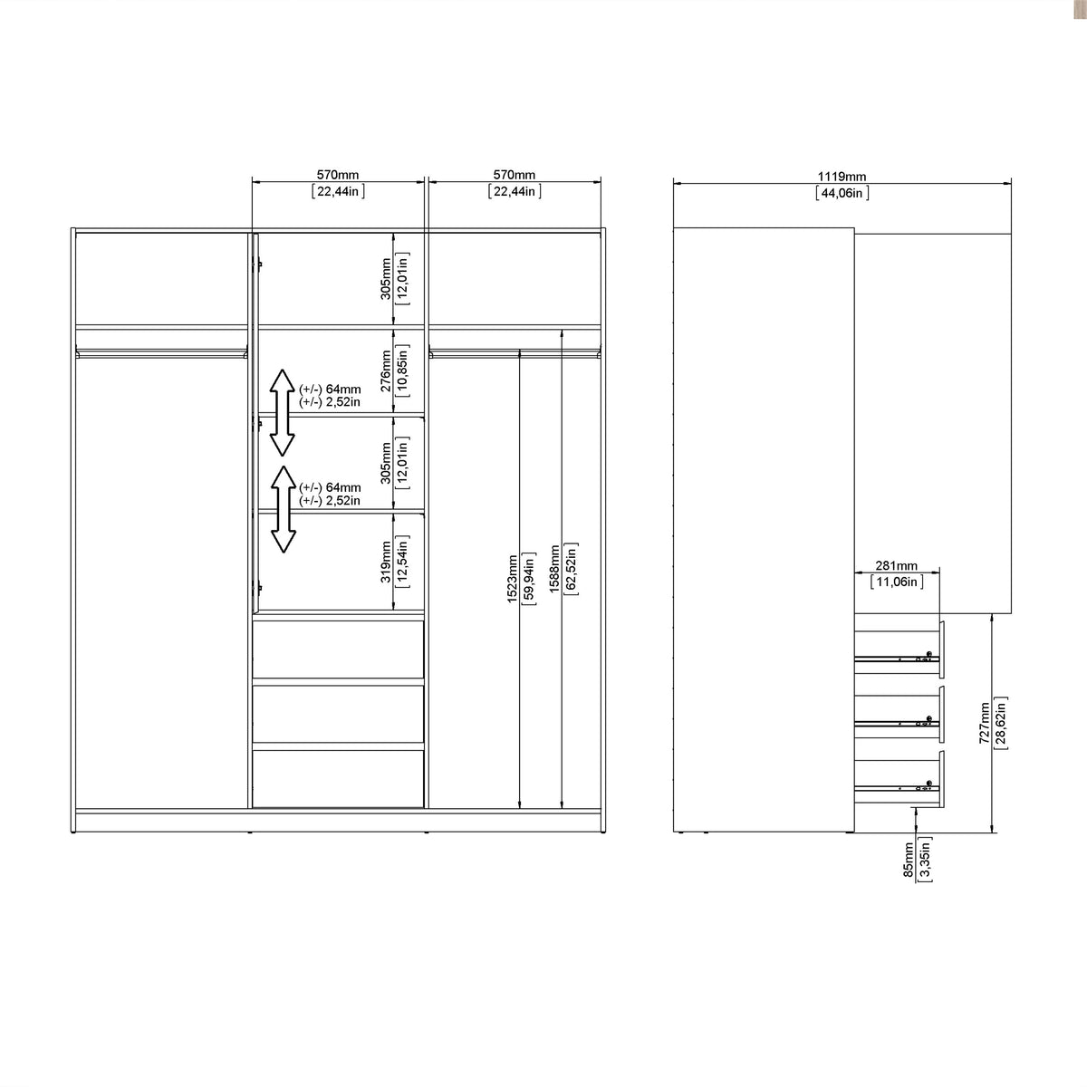 Naia Wardrobe with 2 sliding doors + 1 door + 3 drawers in Oak structure Jackson Hickory