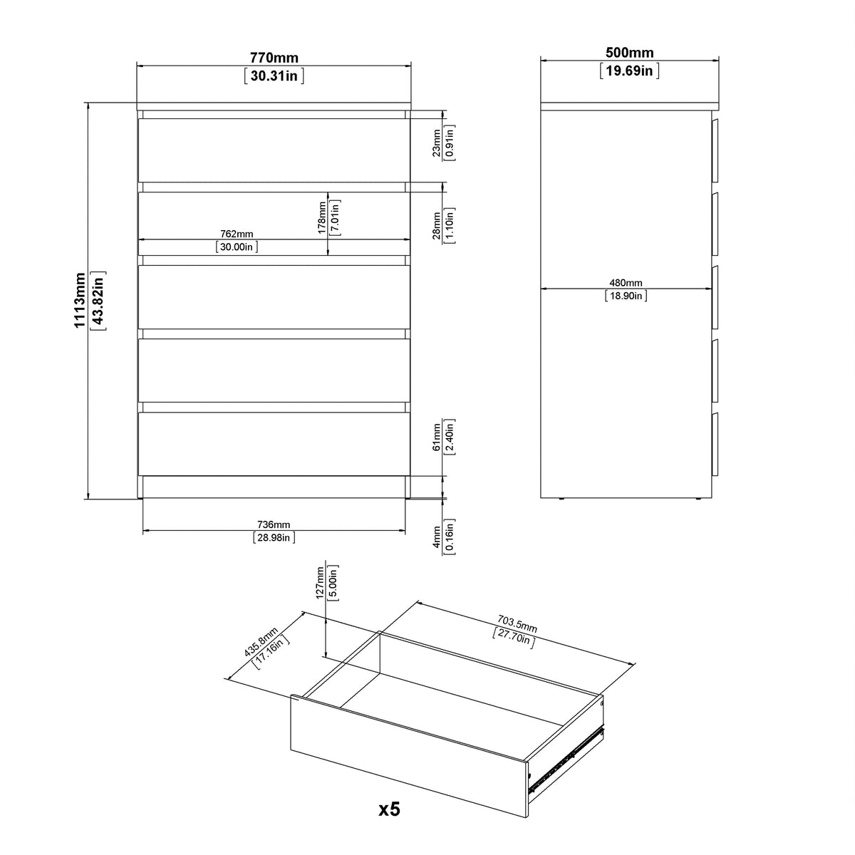 Naia Chest of 5 Drawers in Concrete and White High Gloss