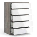 Naia Chest of 5 Drawers in Concrete and White High Gloss