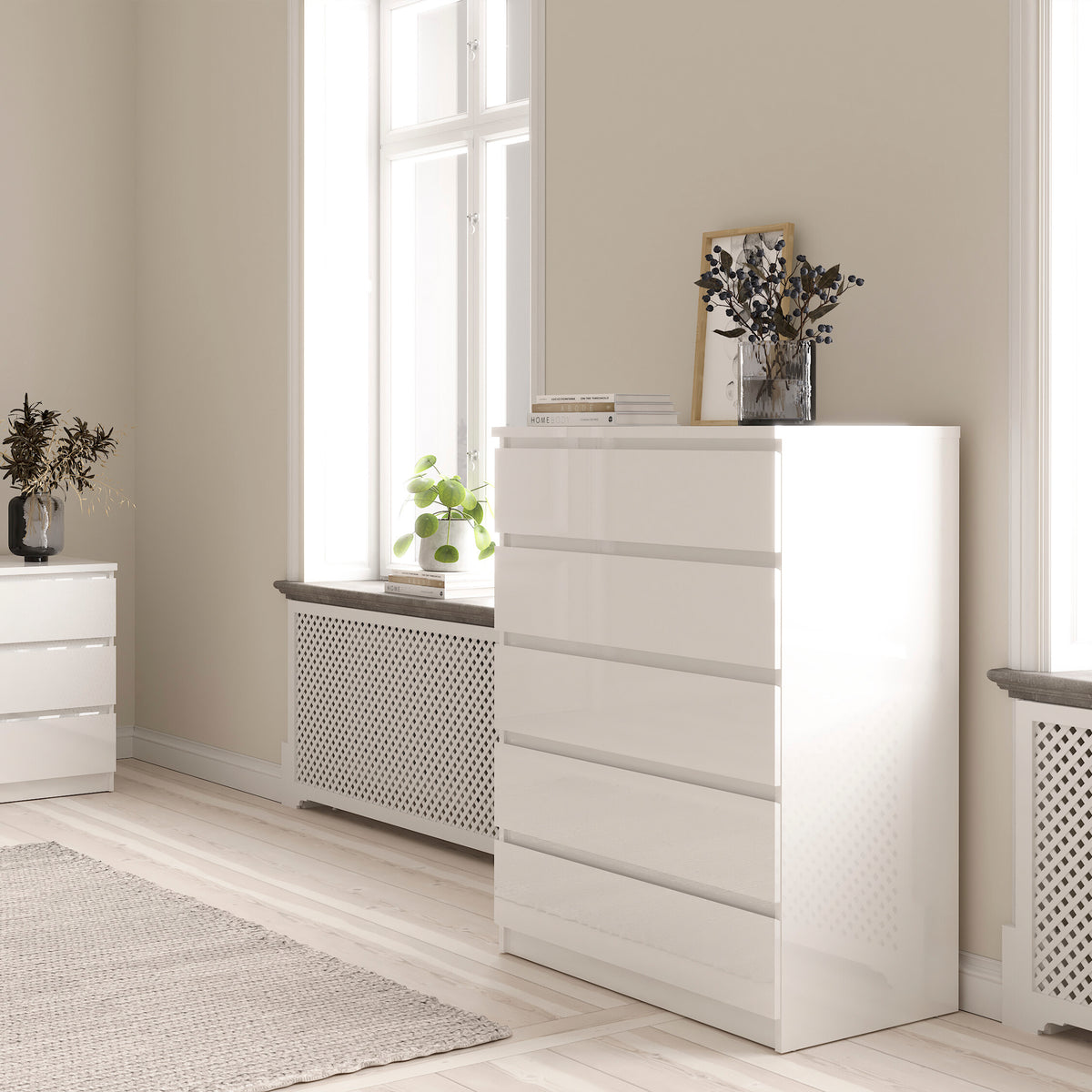 Naia Chest of 5 Drawers in White High Gloss