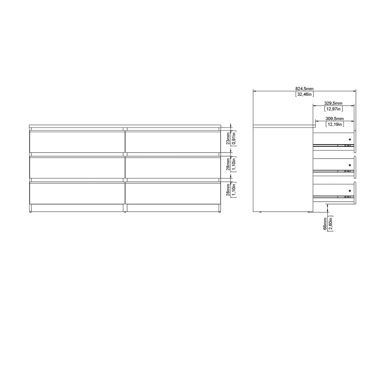 Naia Wide Chest of 6 Drawers (3+3) in White High Gloss