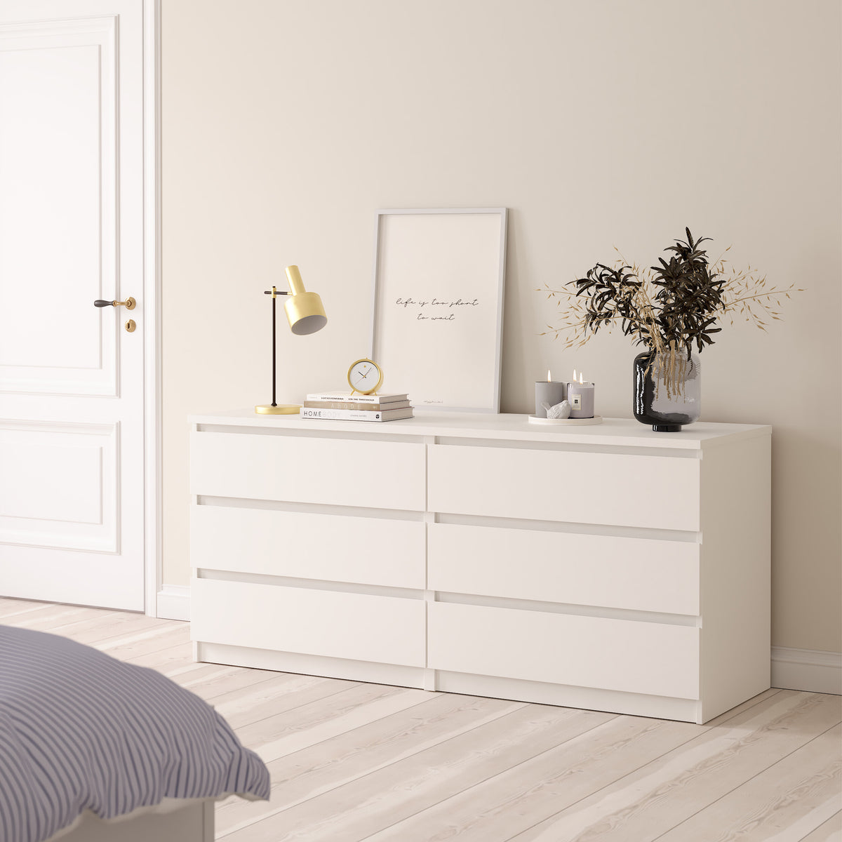 Naia Wide Chest of 6 Drawers (3+3) in White High Gloss