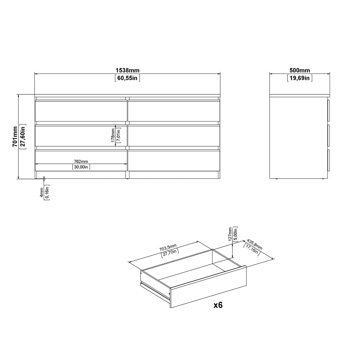 Naia Wide Chest of 6 Drawers (3+3) in White High Gloss