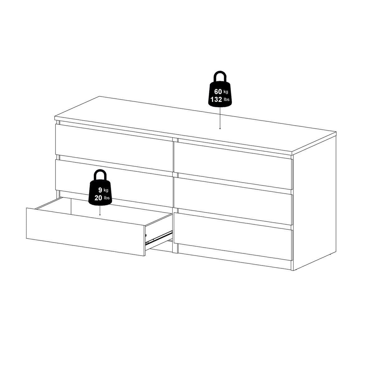 Naia Wide Chest of 6 Drawers (3+3) in Jackson Hickory Oak