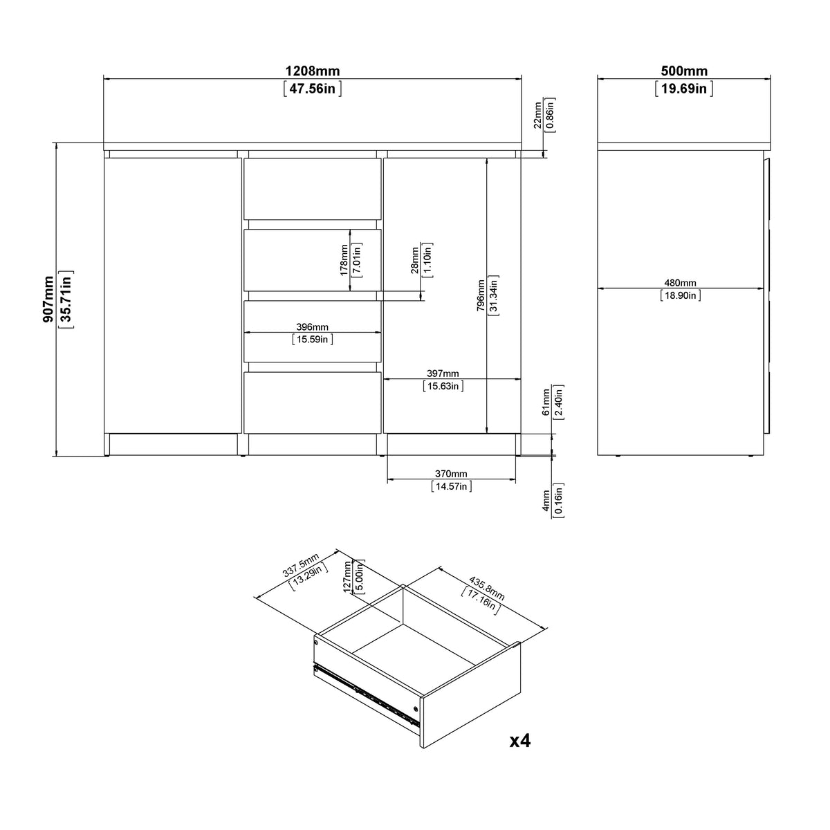 Naia Sideboard - 4 Drawers 2 Doors in White High Gloss