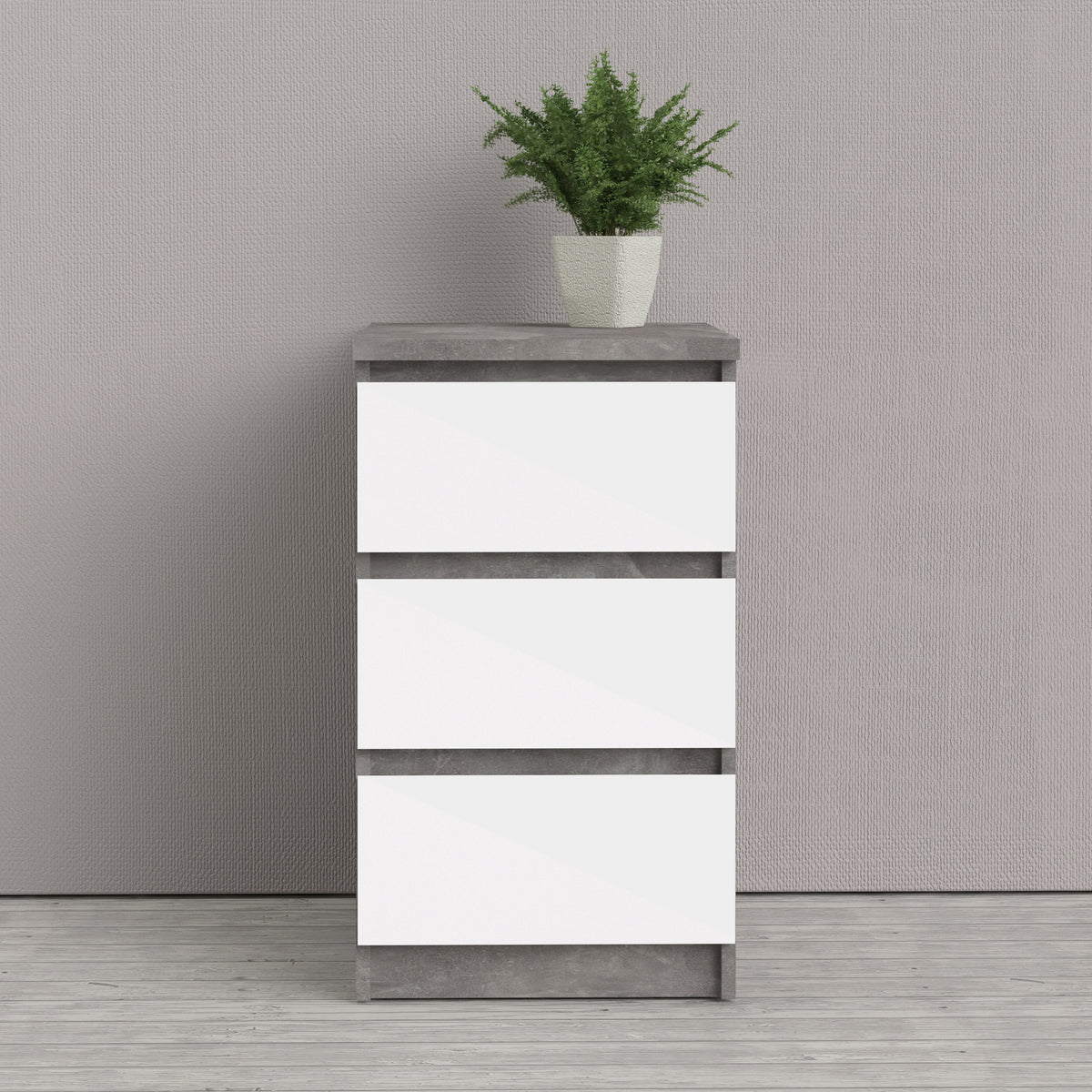 Naia Bedside 3 Drawers in Concrete and White High Gloss