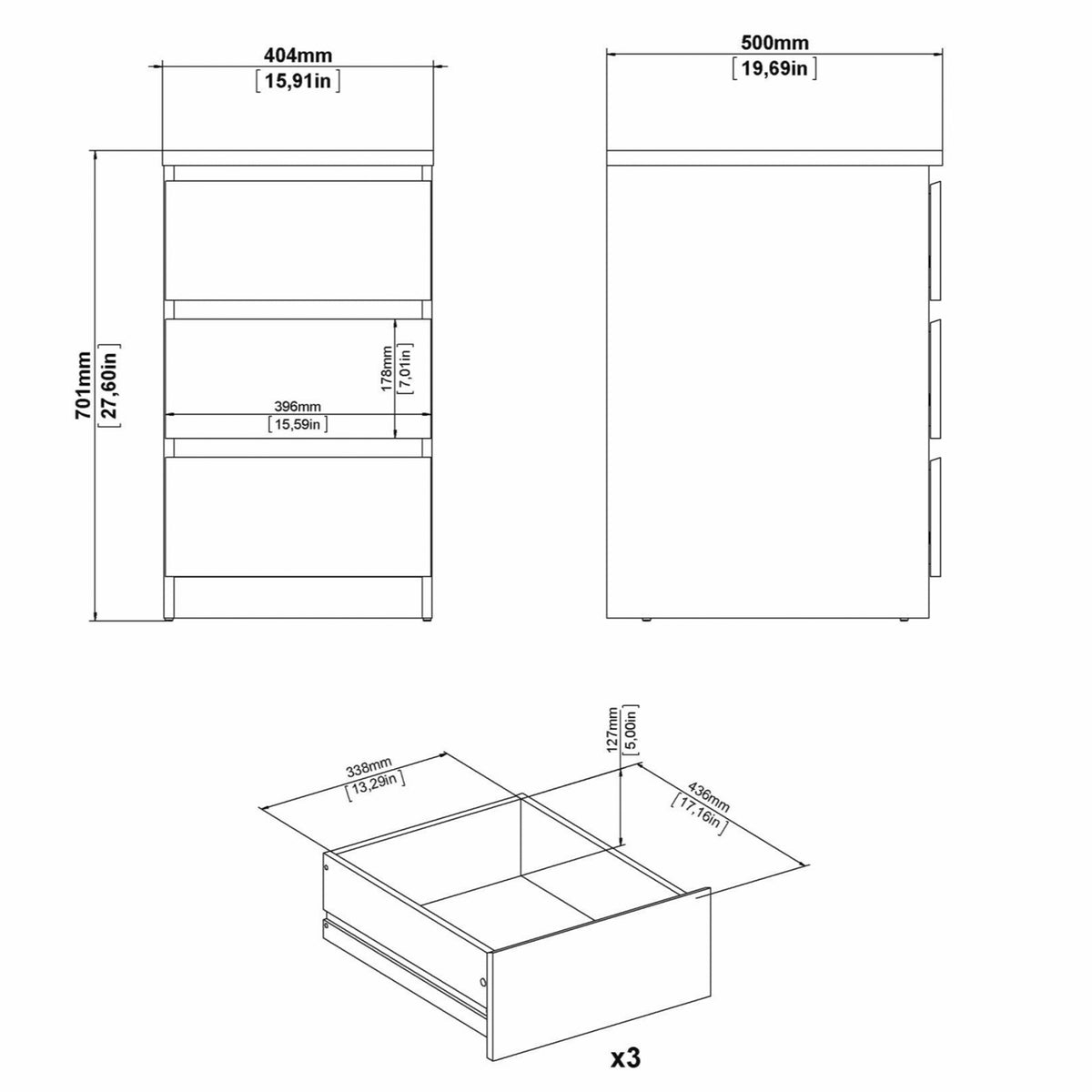 Naia Bedside 3 Drawers in Jackson Hickory Oak