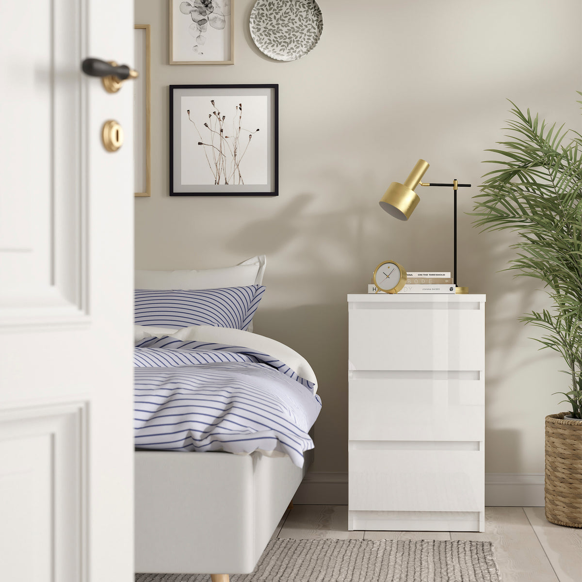 Naia Bedside 3 Drawers in White High Gloss