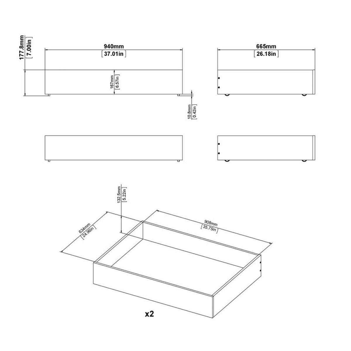 Naia Set of 2 Underbed Drawers (for Single or Double beds) in Black Matt