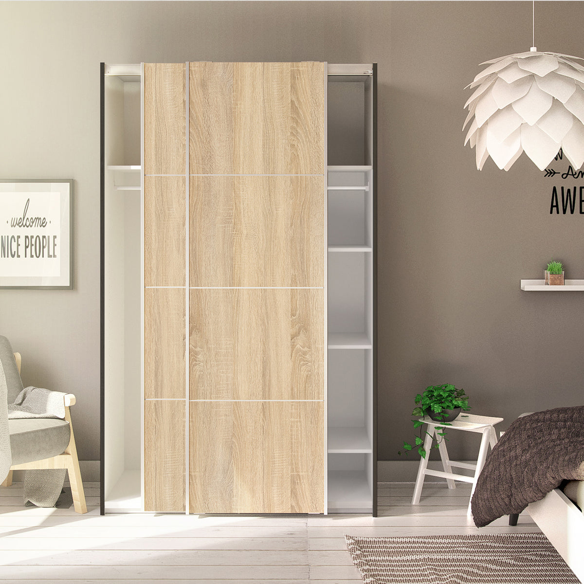 Verona Sliding Wardrobe 120cm in Black Matt with Oak Doors with 5 Shelves